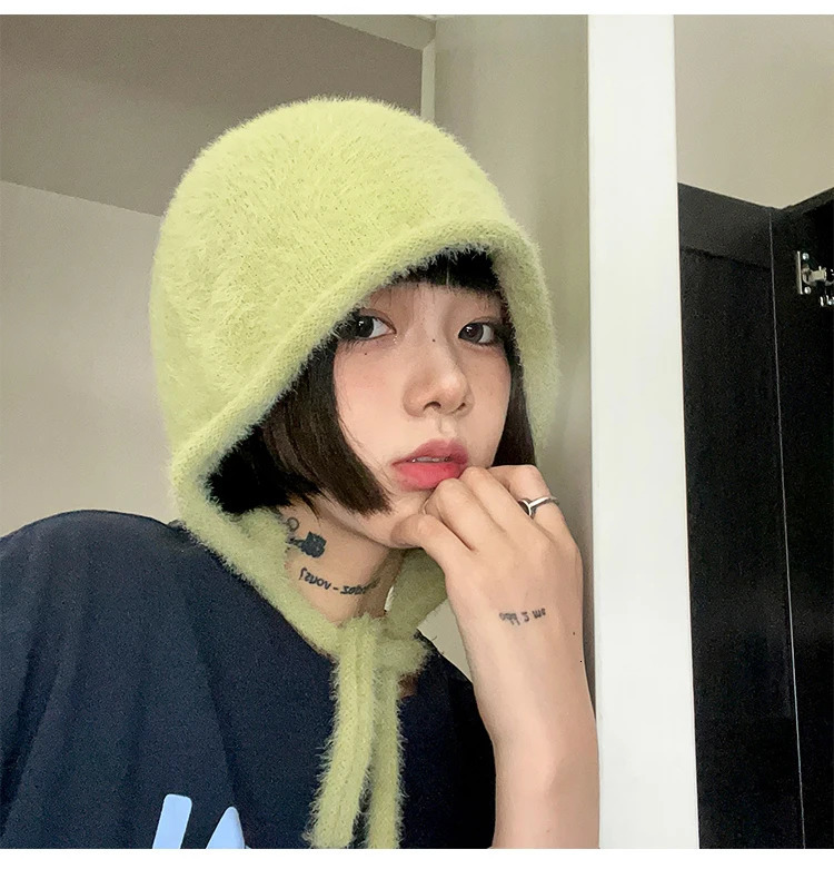 Y2K Cute Beanie Autumn Winter Women Warm Japanese Knit Hat Pile Caps Men Ear Protection Tie Pullover Hat Gorro Bonnet 251029