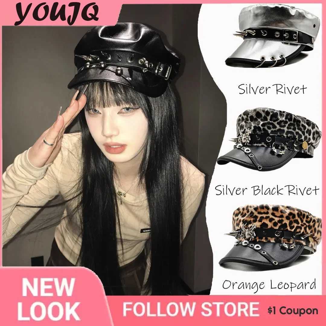 Y2K Wasteland Style Womens Trendy Leopard Rivet Beret Pu Leather Flat Top Captain Military Caps Womens Accessories Boina Mujer