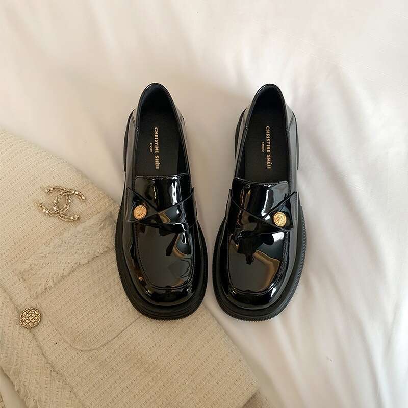 Cowhide Version Coin Thick Sole Slip-On Chunky Heel Designer Shoe Genuine Loafers Women's Small Leather Shoes