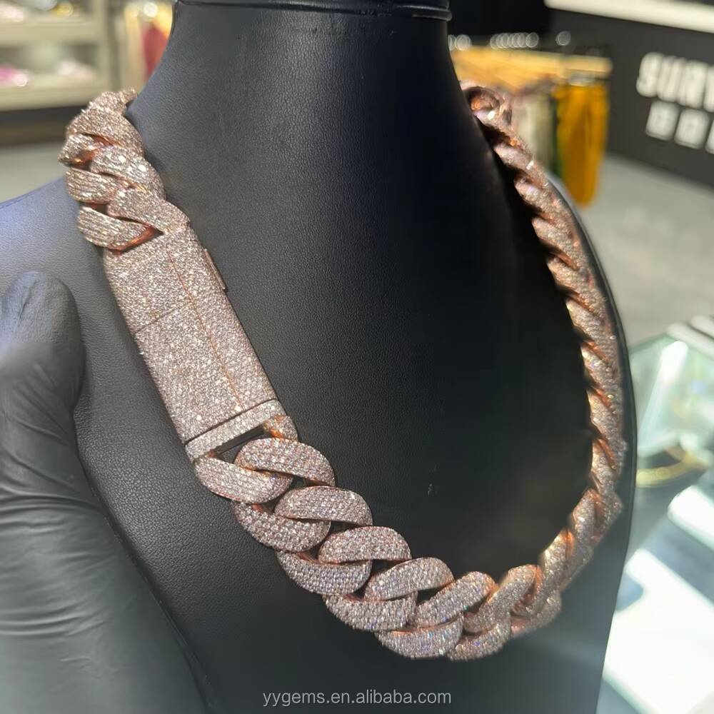 Yu Ying Custom Heavy Chain 20mm 22mm Men Full Iced Out Moissanite Rose Gold 925 Silver Cuban Link Chain Necklace Hip Hop Jewelry