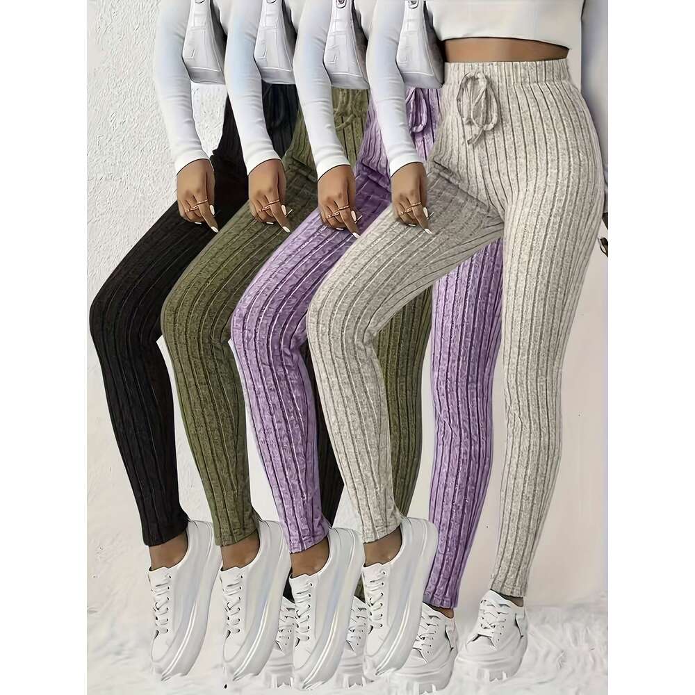 4Pcs Women's High-Waisted - Sexy Ribbed Design, Stretchy Comfortable, Solid Colors Black, Green, Purple, Beige Fall/Winter, Perfect For Running &