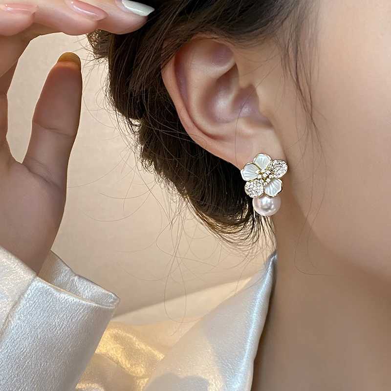 French Light Luxury Micro Set Zircon White Enamel Camellia Pearl Pendant Earrings 2025 New Fashion Jewelry Accessories For WomenW251029