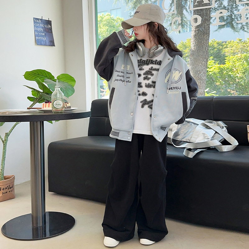 Girl designer fashionable autumn and winter jacket new Korean version loose letter color blocked hooded baseball jacket hoodie