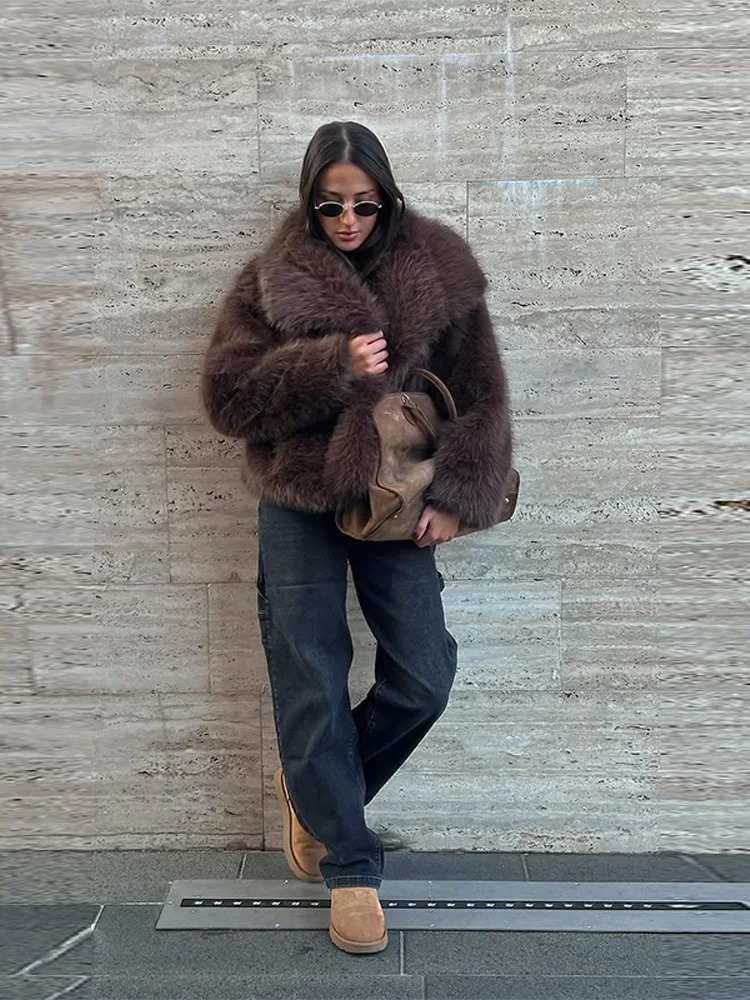 Women Solid Faux Fur Coat Loose Lapel Long Sleeve Pocket Casual Coat Autumn Winter Female Furry Warm Outerwear 2025 251029
