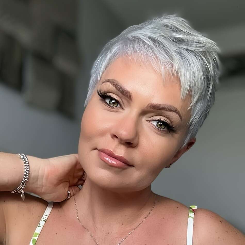 -Looking Brazilian Human Pixie Cut Wig For Women Grey Short Bob With Bangs, 150% Density Glueless Layered Wig, Pre-Plucked Hairline Rose Net No Glue A