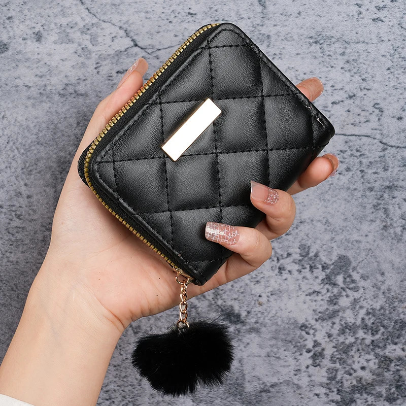 Vintage Diamond Grid Womens Wallet Embroidered Mini Purse Hanging Hair Ball Coin Purse Card Leisure Foreign Trade Package 251029