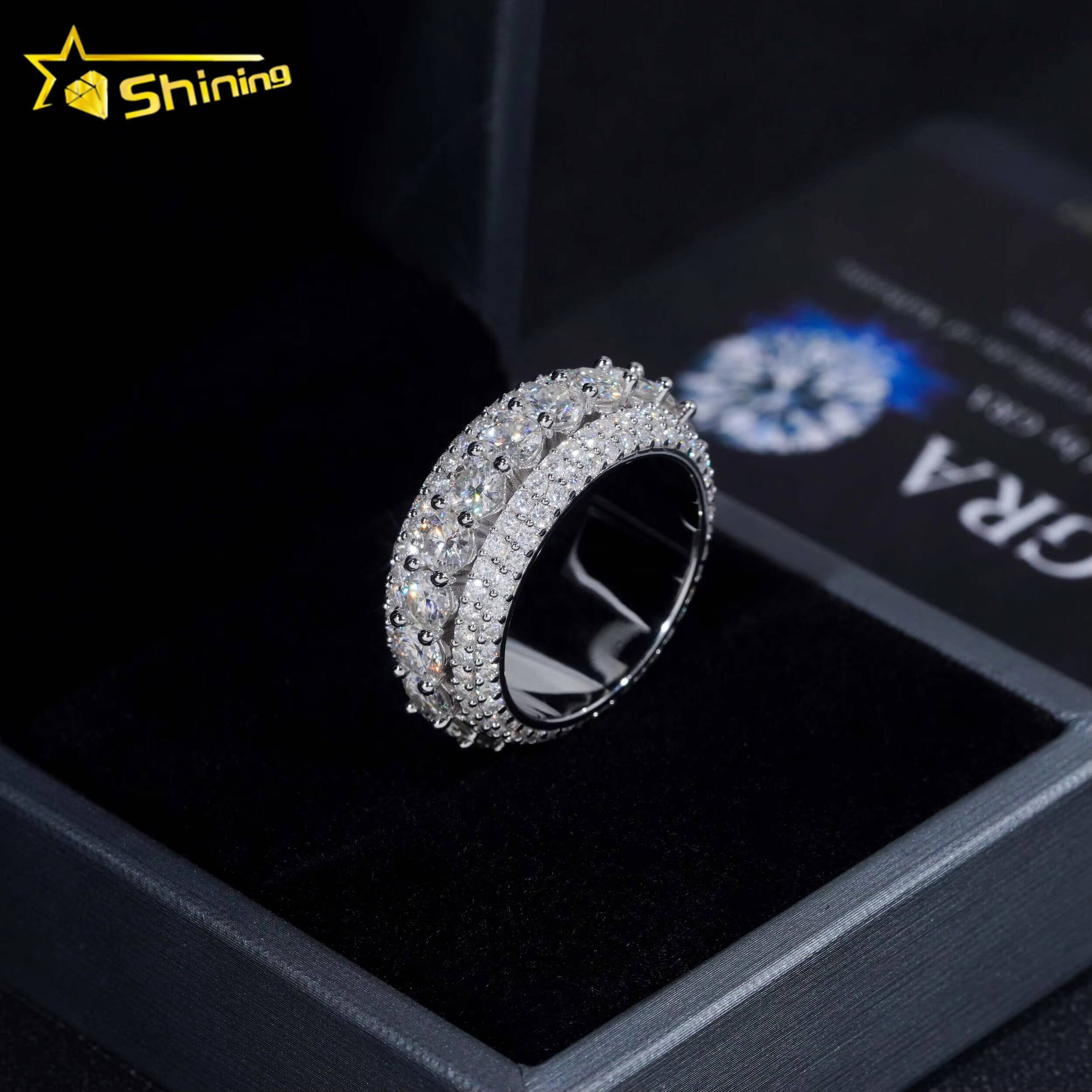 LuxuryMoissanite ring Rappers Jewelry Gold Plated Solid Inside 925 Sterling Silver Hip Hop Fully Iced Out Moissanite Band Ring