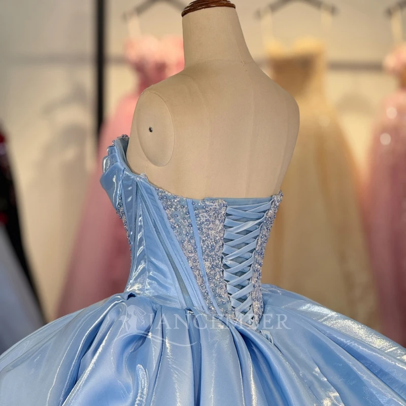 Light Blue Shiny Quinceanera Dresses Off The Shoulder Beading Corset Party Birthday Sweet 16 Dress Vestidos De 15 Anos