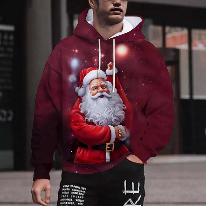 Mens Womens Christmas Father Christmas Elf Print Hoodie Casual Long Slve Sweatshirt with Pockets