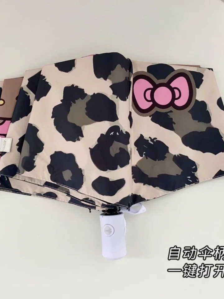Sanrio Kawaii Hello Kitty Cartoon Umbrella Automatic Cute Sun Umbrella Leopard Print Sun Protection Uv Protection Umbrella Portable L251029
