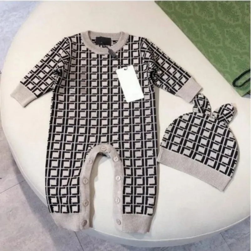 Kids Designer Romper 100%cotton Newborn Kids Rompers Hat Baby Boys Girls Fashion Designer Print Long Sleeve Jumpsuit