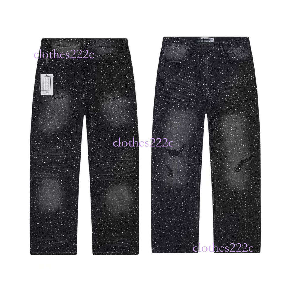 Trendy Vintage Full Rhinestone Ripped Jeans Street Style Hip Hop Long Pants Unisex