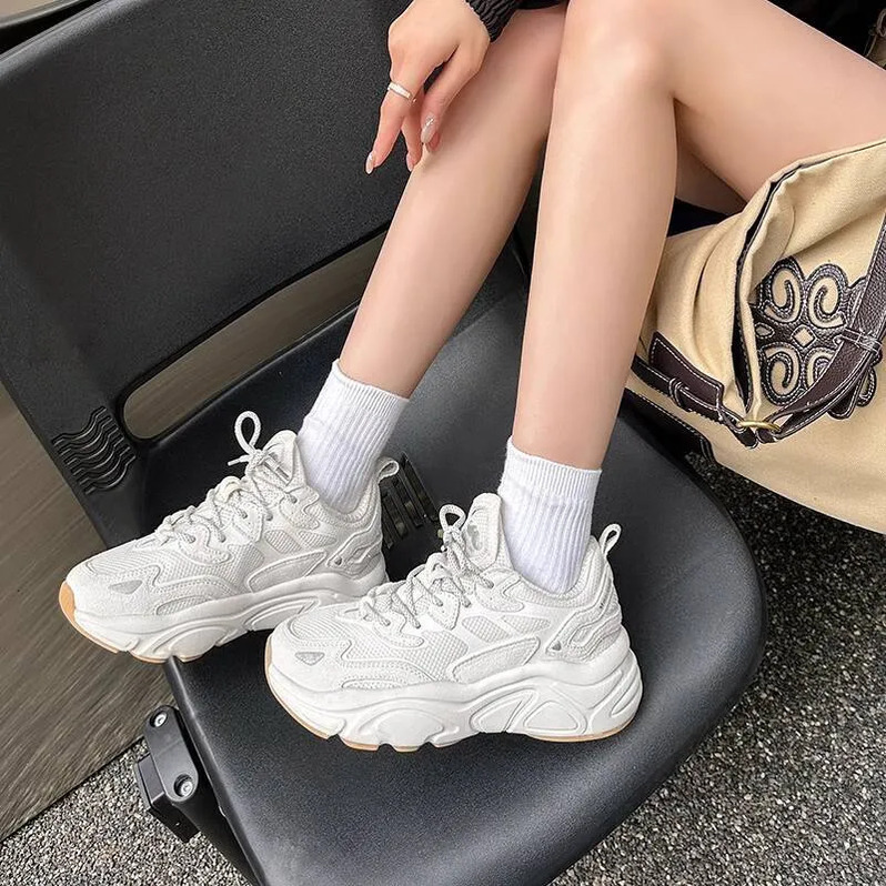 Mirinda Women's Shoes Breathable Dad Shoes Men's Height-Increasing Thick-Soled Mesh Genuine Leather Sneakers Women's Lightweight Soft-S