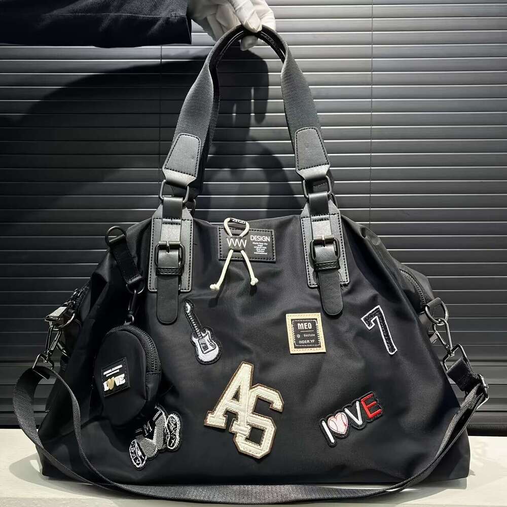 Large Capacity Shoulder Bag Women, Black With Teddy Bear Patch, Versatile Tote, Casual Vacation Handbag, Essential Travel Accessory, Ideal