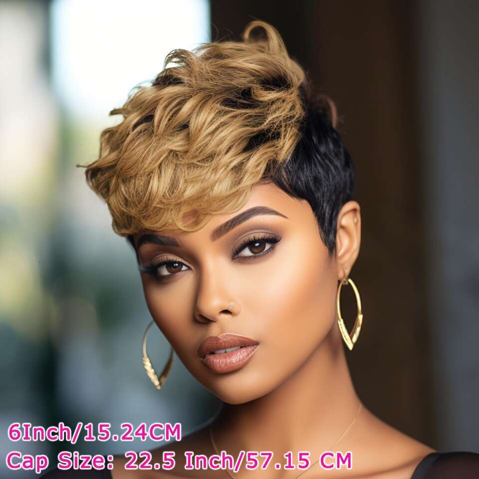 Women's Remy Peruvian Wig With Bangs - Layered Short Straight Pixie Cut, Natural Brown Balayage Highlights 1B/30#, Density Full Head
