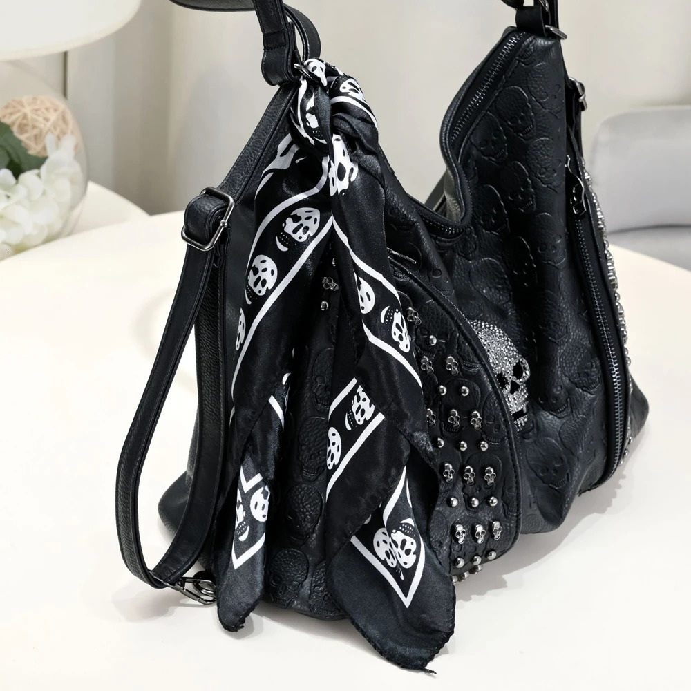 SHELKSBAG Womens Tote Bags Gothic Skull Studded Strap Hobo Handbag Large Capacity Vintage PU Leather Crossbody Shoulder Bag 251029