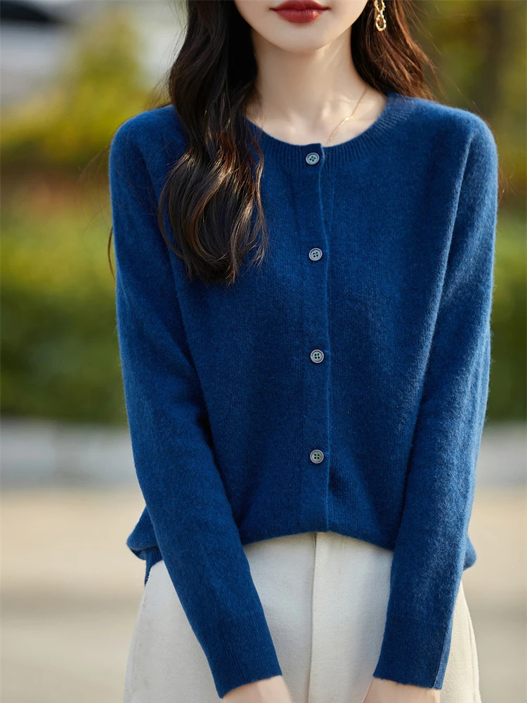 Fashion Basic Women Merino Wool Sweater Cashmere Cardigan ONeck Knitwear Slim Solid Collar Clothing Tops 251029