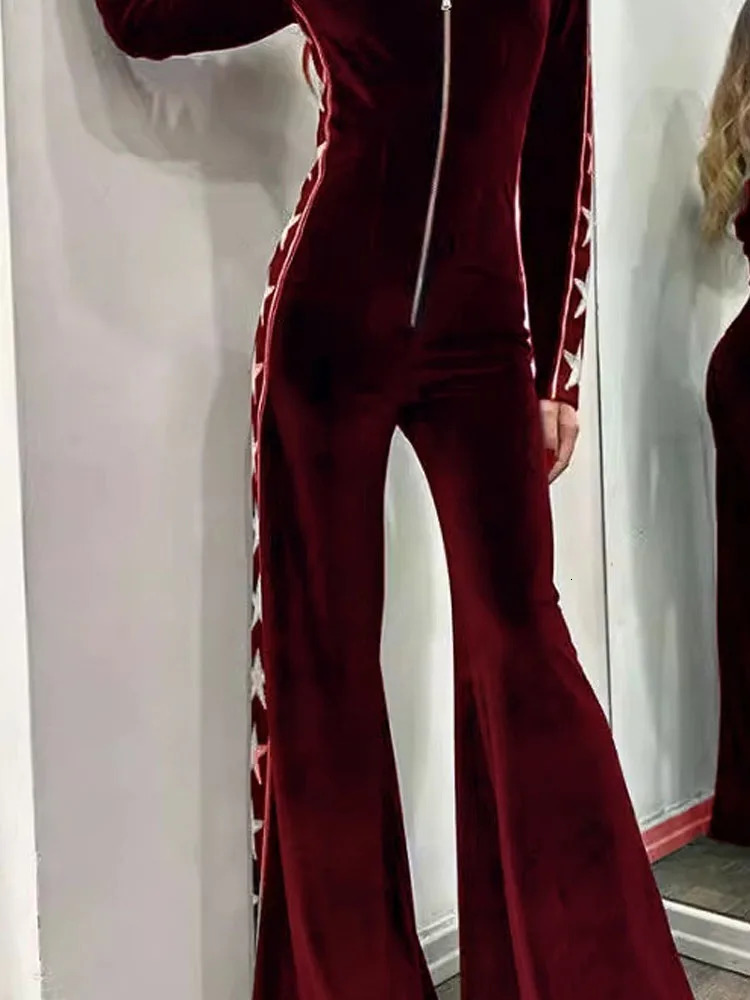 Lady Fashion Hight Waist Slim Velvet Romper Casual Long Sleeve Print Splicing Jumpsuit Elegant Vneck Zipper Solid Playsuit 251028