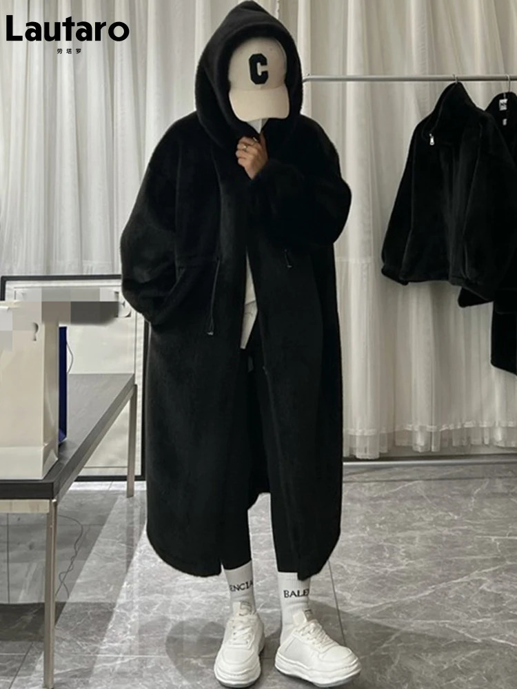 Lautaro Winter Long Oversized Warm Thick Blue White Fluffy Faux Fur Coat Women with Hood Loose Casual Korean Style Fashion 251029