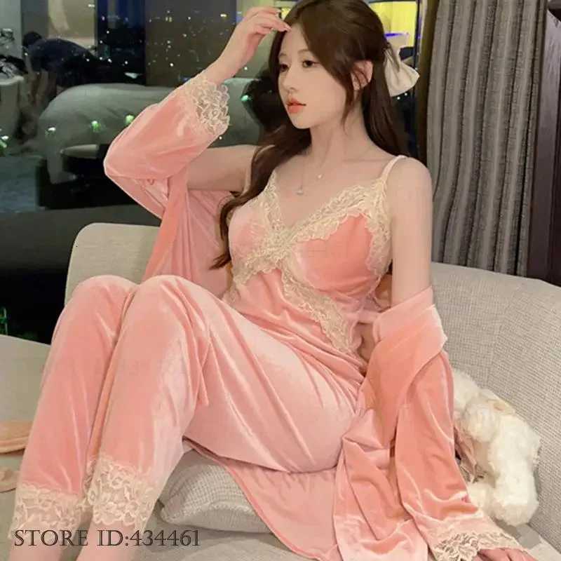 Autumn Winter Velour Women Sleepwear Velvet Female 3Pcs Robe Sexy Lace Lingerie Night Wear Loungewear Pajamas Set Home ClothesT251029