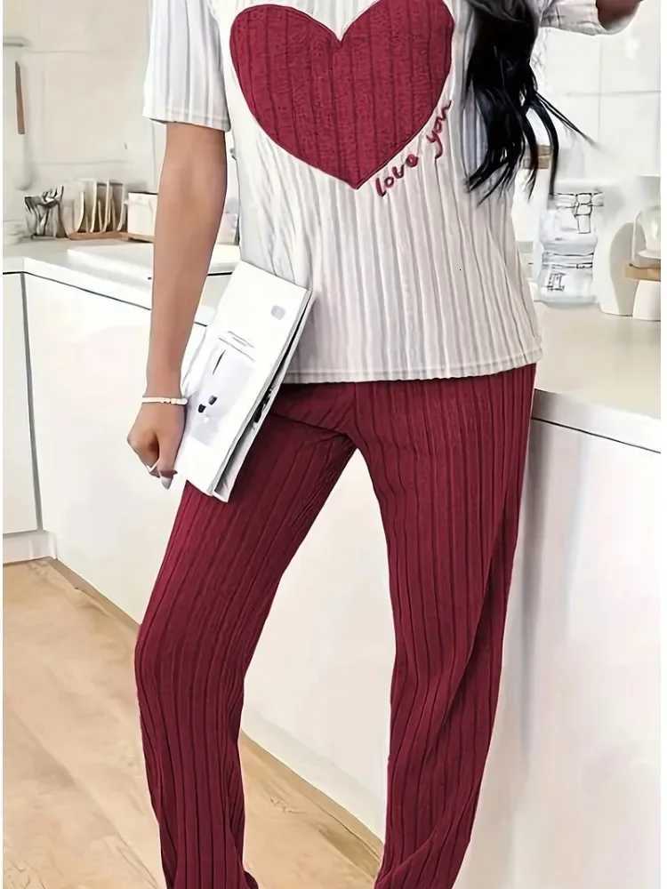 Autumn Winter Round Neck Short Sleeve Long Pants with Ribbed Stripes and Letter Heart Print Womens Pajamas Home WearT251029