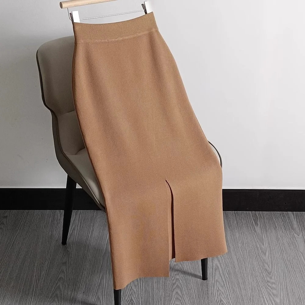 Autumn and Winter Oversized Knitted Pencil Skirt Womens One Step Skirt High Waist Slimming Long Skirt Split Wool Straight Dress 251028