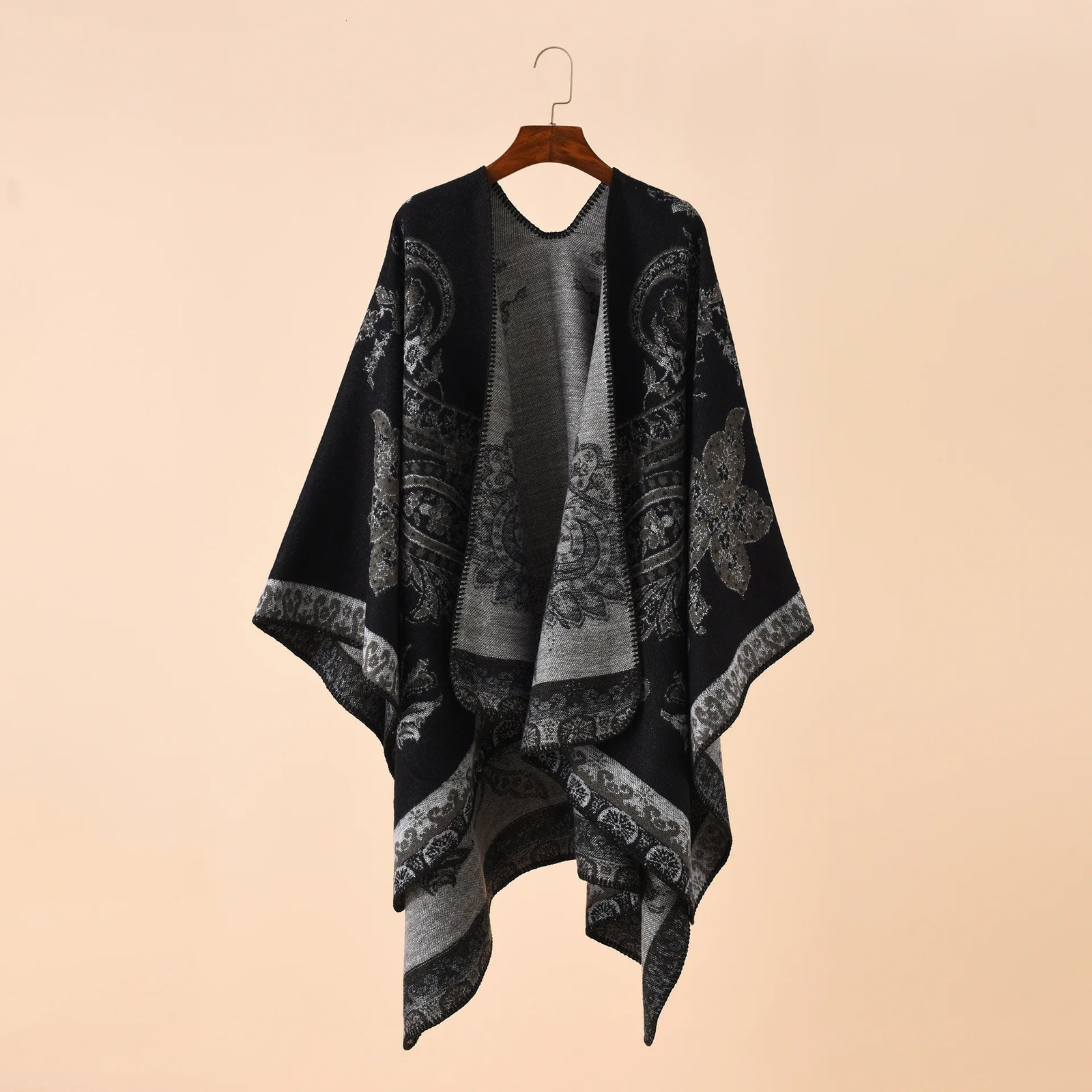 2025 Autumn Winter Street Geometric Lattice Flower Pattern Cashmere Warm Shawl Cloak Women Poncho Capes Red 251029