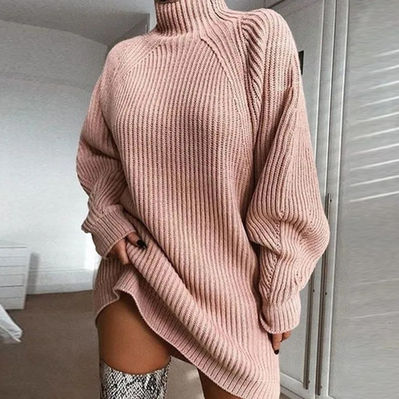Women Turtleneck Oversized Knitted Dress Autumn Solid Long Sleeve Casual Elegant Mini Sweater Dress Winter Clothes 251029