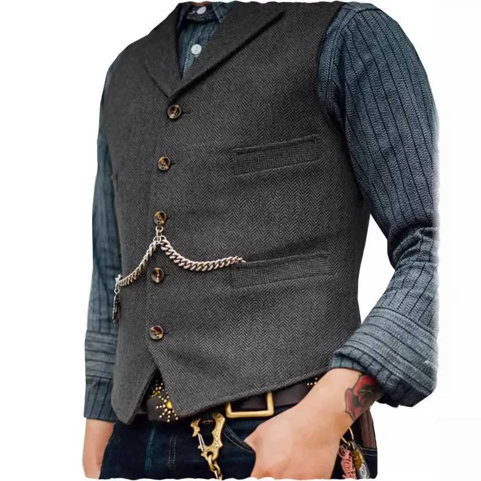 Wool Tweed Mens Suits Vest for Groomsmen Wedding Lapel Casual Slim Business Vests Sleeveless Waistcoat Male Gilet Homme Vests W251029