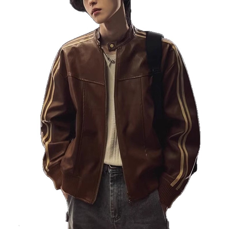 American Style Striped Patchwork Leather Jacket For Men Loose Fit Stand Collar Designer Jacket Top Motorcycle Leather Jacket For Autumn