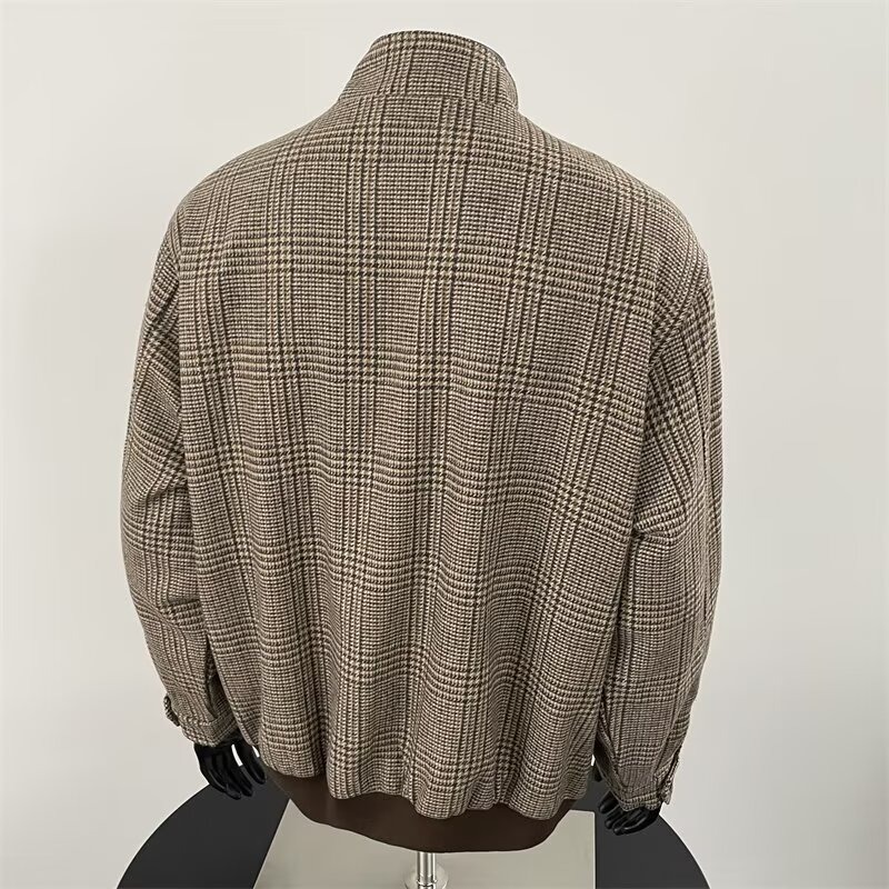 High-end Houndstooth Woolen Jacket Men's Trendy Designer Jacket Short Coat American Stand Collar Baseball Jacket