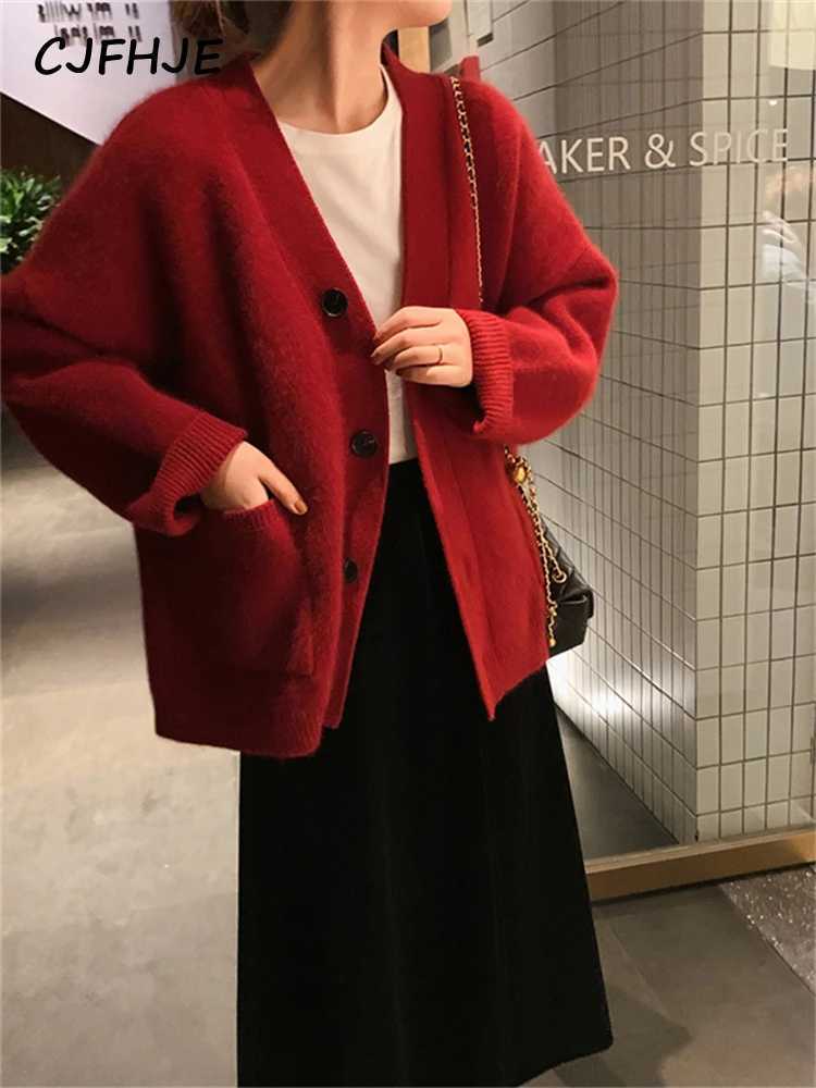 CJFHJE Beige Pockets Knitted Sweater Coats Women Loose Singlebreasted Vneck Purple Cardigan Female Autumn Casual Red CardigansT251028