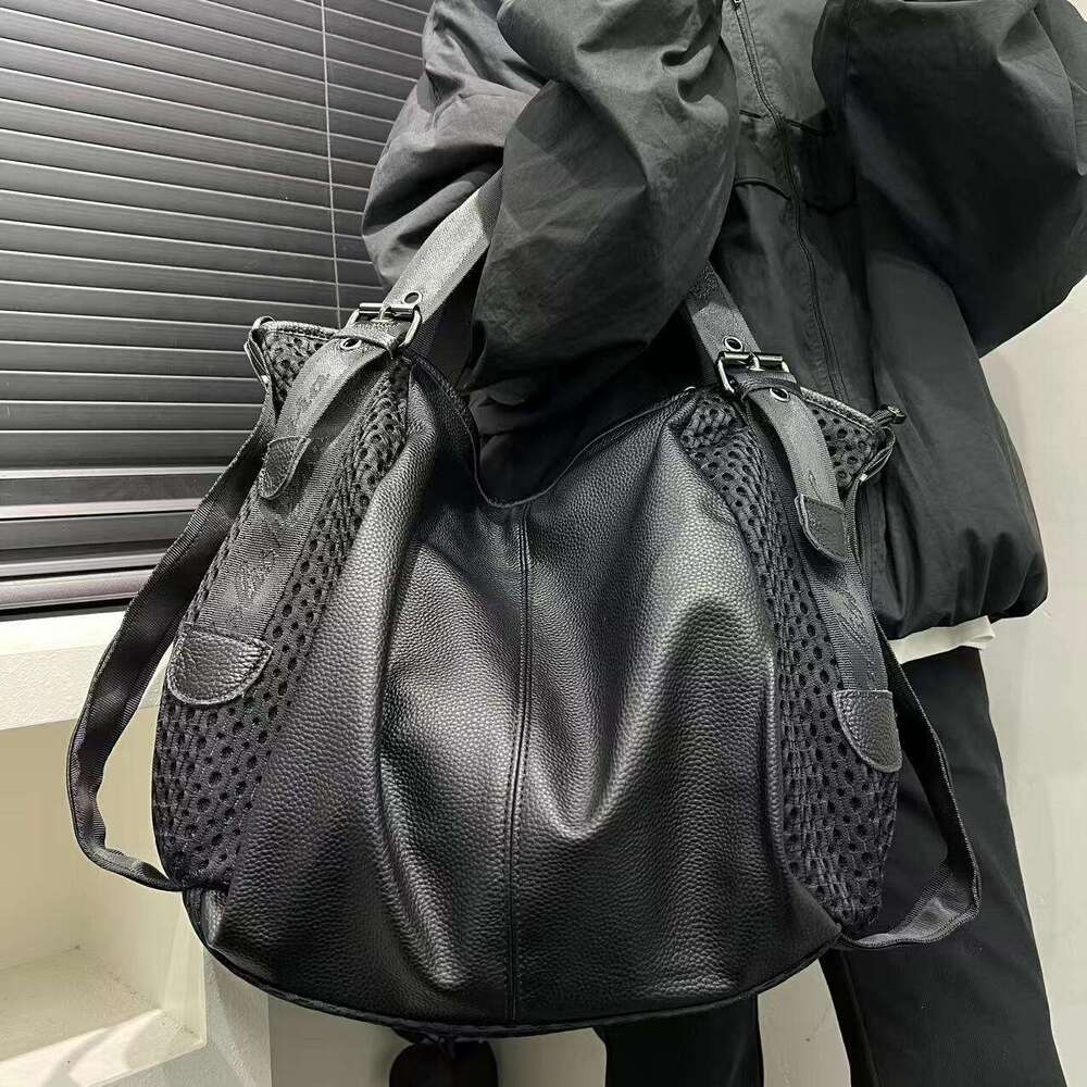 Large Capacity Mesh Spliced Shoulder Bag Street Style Handbag With Adjustable Strap, Black Nylon Polyester Lining, Zipper Closure For Daily