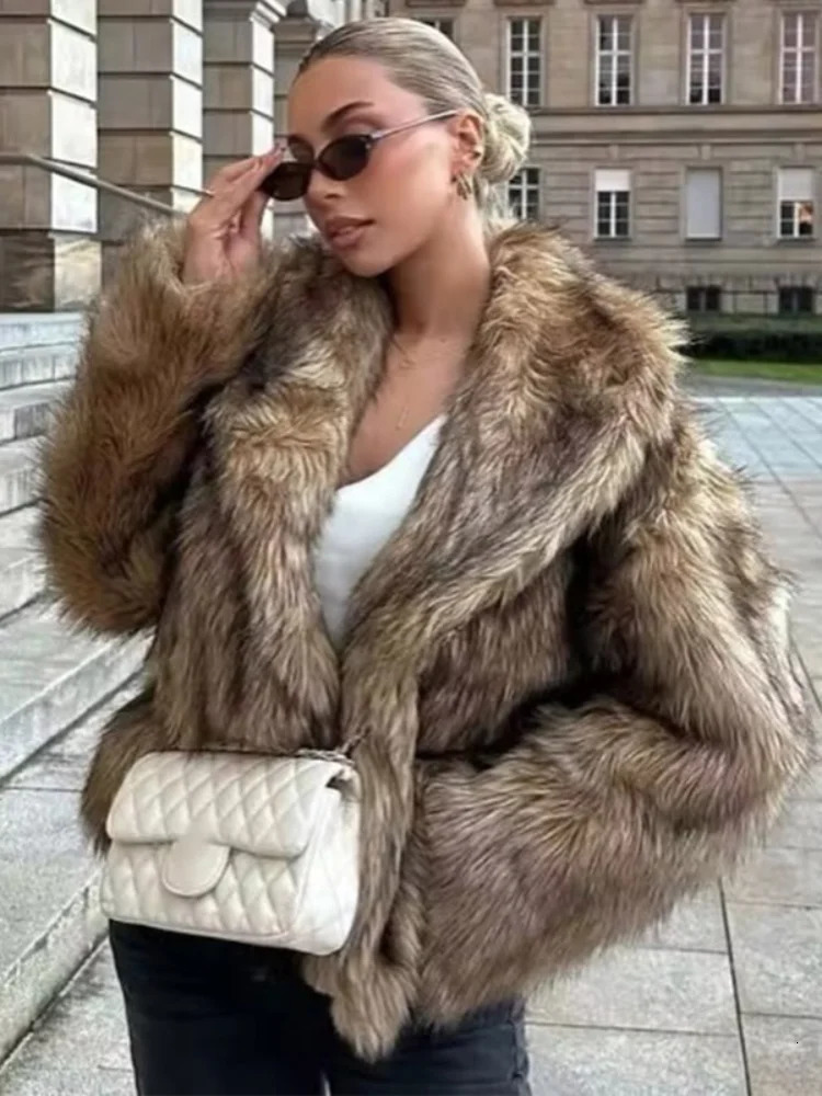Women Casual Long Sleeved Fur Coat Vneck Loose Short Jackets Winter Lady Fashion Style Daily Highstreet Outerwears 251028