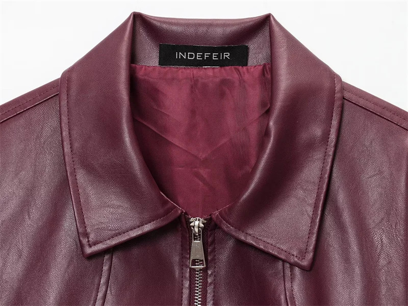 Womens Jacket 2025 American Retro Simple Lapel Burgundy Faux Leather Jacket Street Fashion Womens Jacket 251029