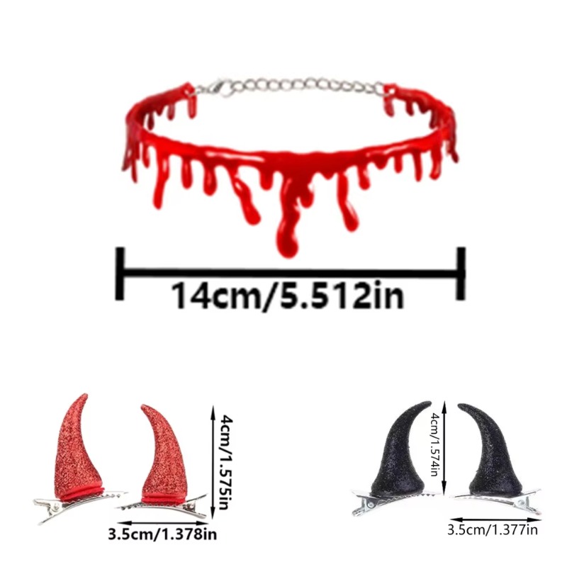 4 pieces of devilish Dark style jewelry collection: including blood-red tassel collars, red and black devilish horn hair clips for character dressing 
