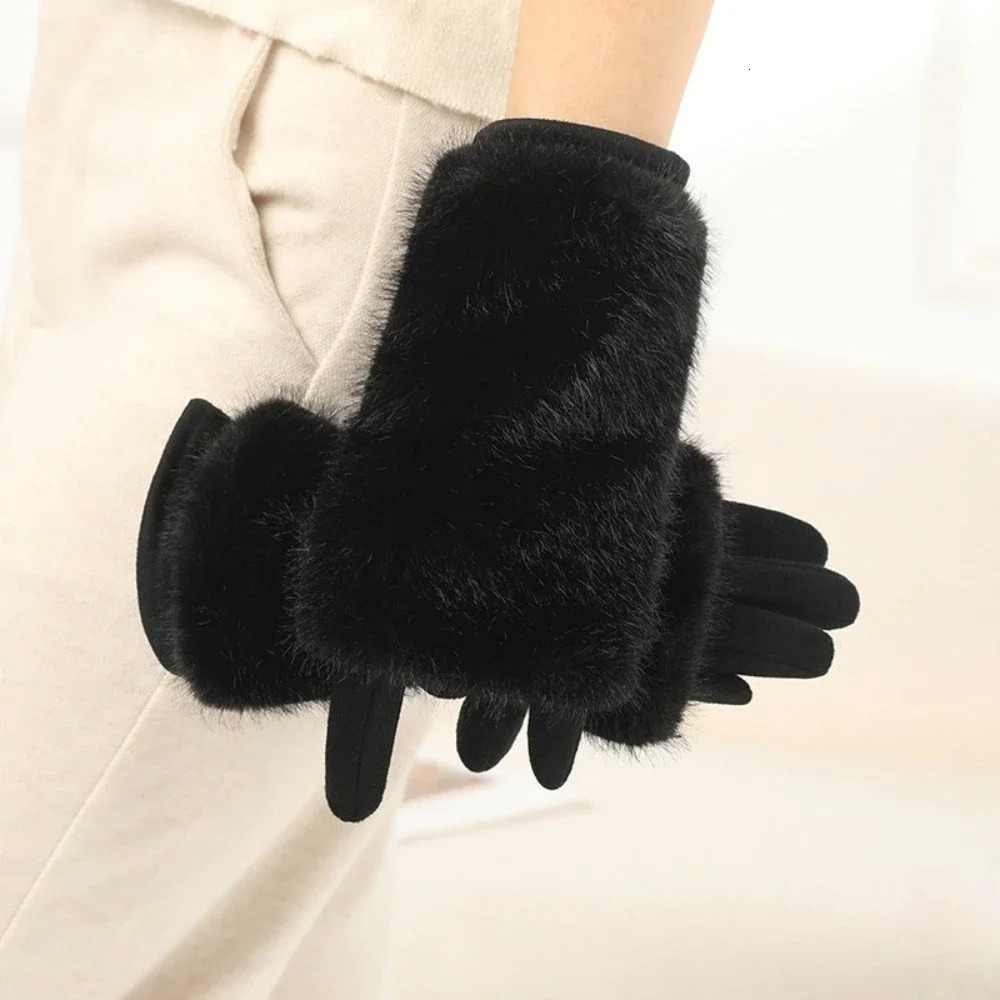 Womens autumn and winter rabbit fur gloves plus velvet thickened windproof and warm riding coldproof touch screen suede gloves 251029
