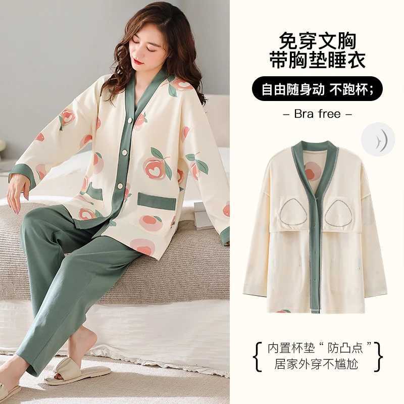 Newest Autumn Winter 100Cotton Womens Long Sleeve Pajamas Set V Neck Loose Soft M5XL Female Pyjamas With Cheast PadT251029