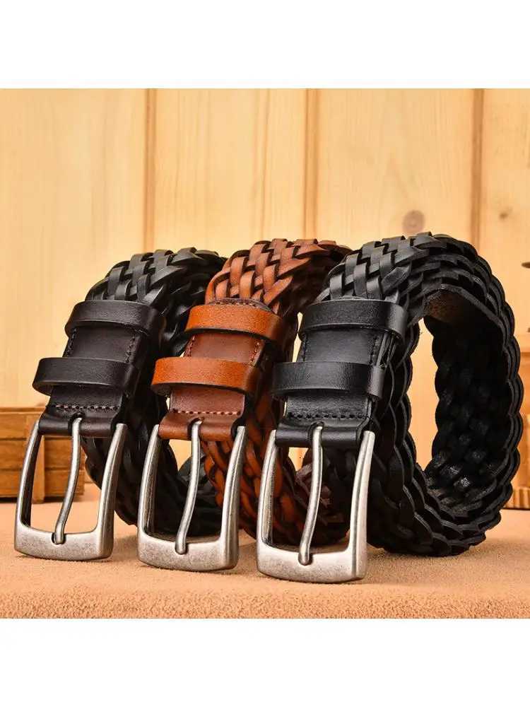 Men Real Cowhide Belt Woven Casual Buckle Layer Hollow Hand Woven Fashion Couple Personalized Student Luxury Jeans New DesignL251029
