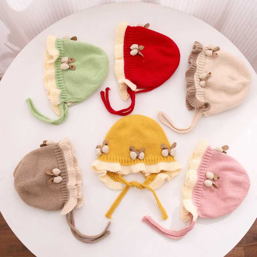 New Fall Winter Knitted Hats Soft Warm Baby Hat with Earmuff Adjustable Floral Faux Wool Hat Fall Winter Baby Accessories MINISO251028