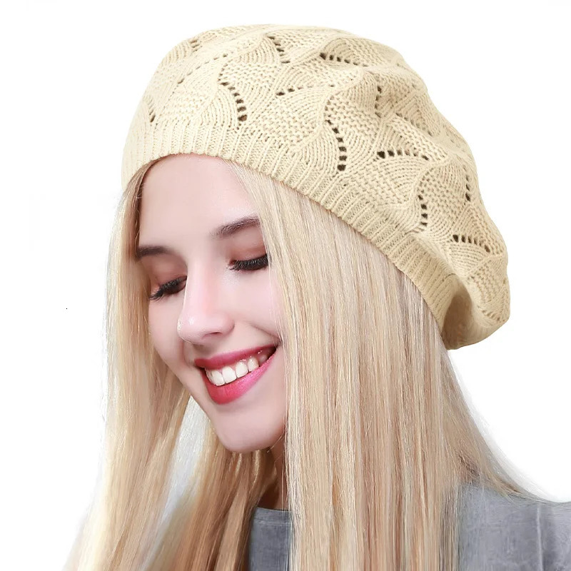 Geebro Womens Plain Color Knit Beret Hat Ladies French Artist Beret Hats Spring Casual Thin Acrylic Berets for Women Beanie 251029
