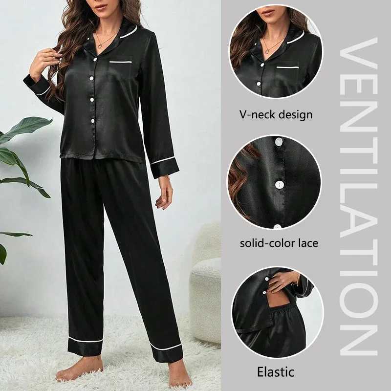 Spring Autumn Silk Pajamas Set for Women Casual Soft Nightwear Tops and Pants Solid Buttons Cardigan Sleepwear HomewearT251029