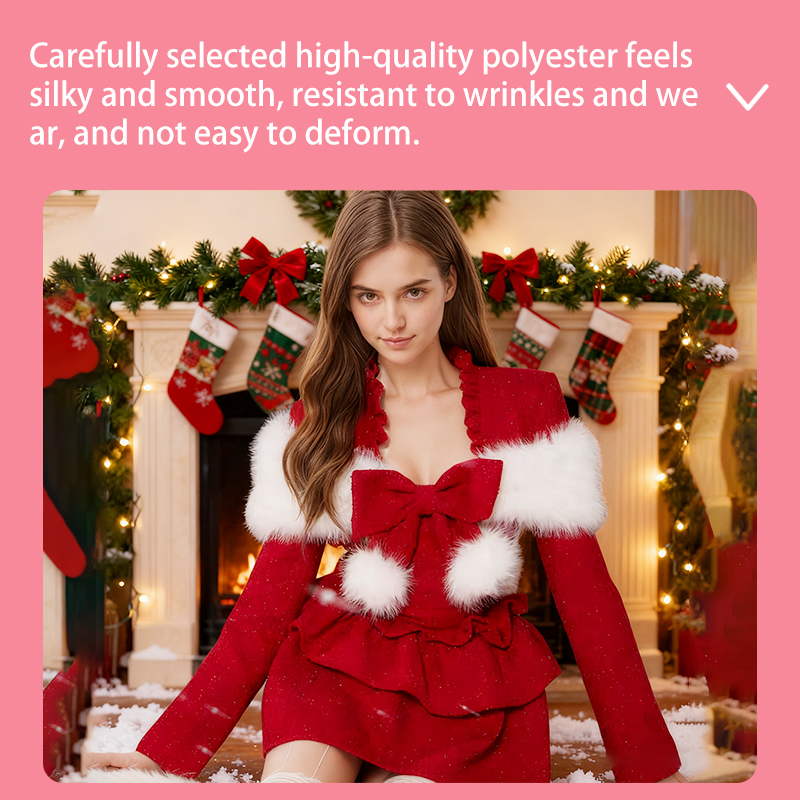 Prom Dresses Women's Red Christmas Two-Piece Set, Faux Fur Trim Bow Jacket & Ruffled Cami Dress, Festive Party & Holiday Outfit YJY0007