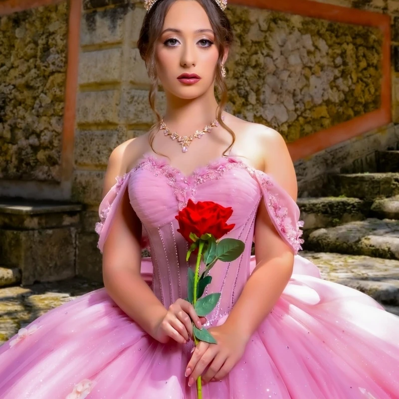 Pink Shiny Ball Gown Quinceanera Dresses Off The Shoulder Applique Flower Beads Corset Tull Party Birthday Sweet 16 Dress Vestidos 15 anos