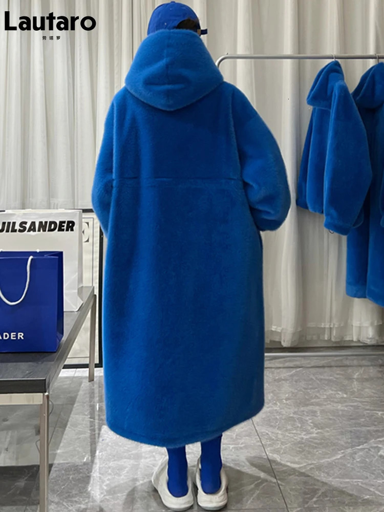 Lautaro Winter Long Oversized Warm Thick Blue White Fluffy Faux Fur Coat Women with Hood Loose Casual Korean Style Fashion 251029