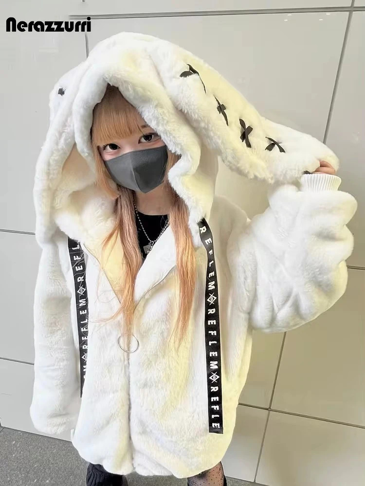 Nerazzurri Winter Sweet Cute Kawaii Soft Thick Warm White Faux Fur Coat Women with Bunny Ears Cute Fluffy Jacket Hoodie 251029