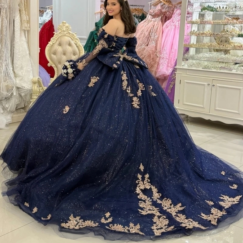 Navy Blue Shiny Ball Gown Quinceanera Dresses Off The Shoulder Applique Lace Beads Bow Tull Party Birthday Sweet 16 Dress Vestidos