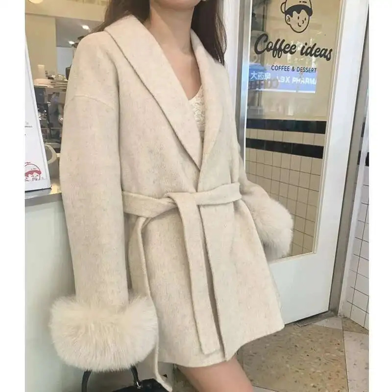 Womens Autumn And Winter Versatile Tweed Cape Coat Belt Models Highlevel Sense of Fox Fur Cuffs Blends Coat for Women 251029