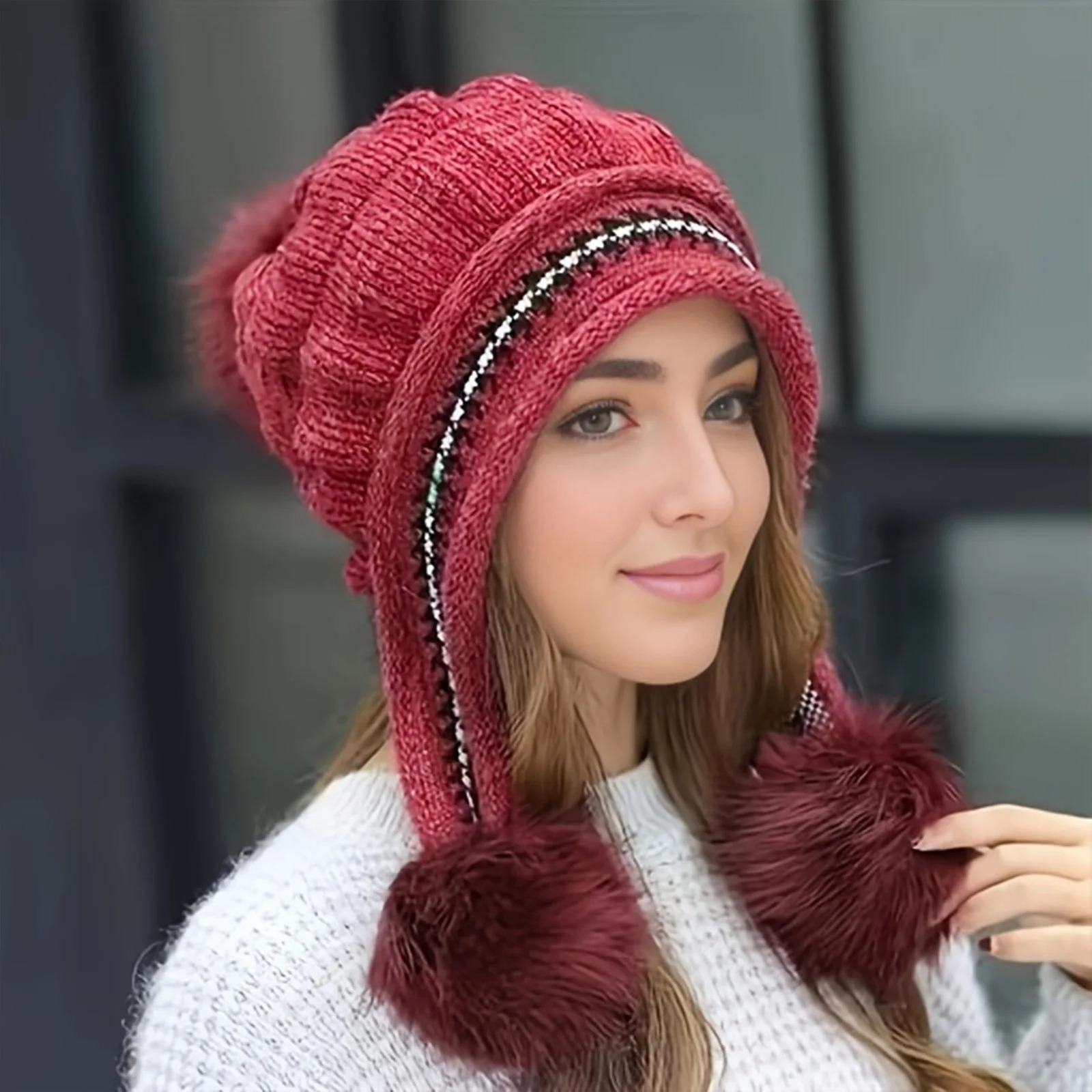 Soft Winter Warm Fur Hat Fleece Lined Earflap Hat For Women Knitted Beanie Casual Slouchy Thick Thermal Cap For Cold Weather 251029