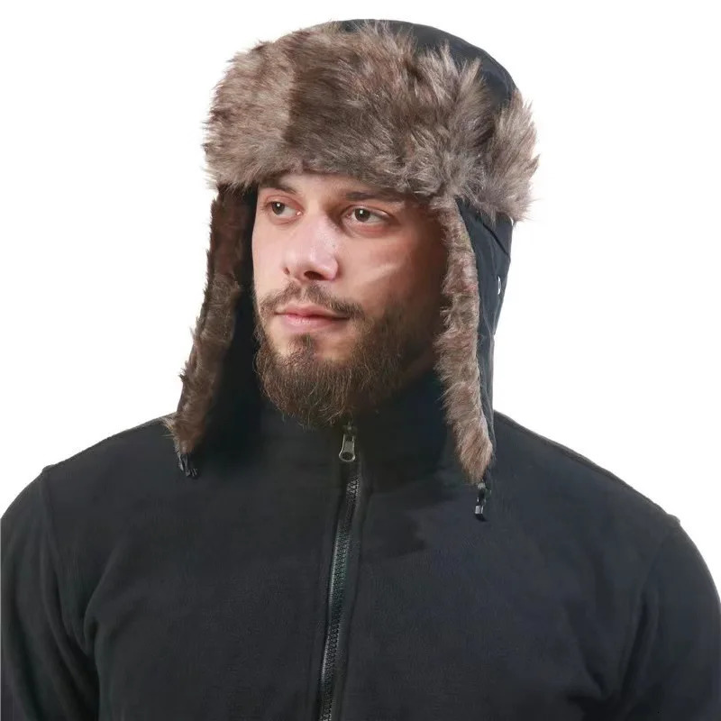 Mens Warm Soldier Hat Winter Pilot Patrolman Earmuffs Polyester Fiber Warm Russian Ski Hat Windproof Cold Pilot Hats 251029